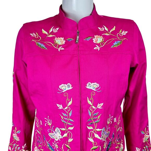 Quacker Factory Jacket Floral Butterfly Embroidered Full Zip Hot Pink Size Large - Picture 4 of 10
